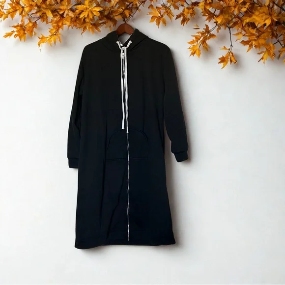 Black Long Hoodie Jacket/Dress with Zipper and Tie Closure - Picture 3 of 3